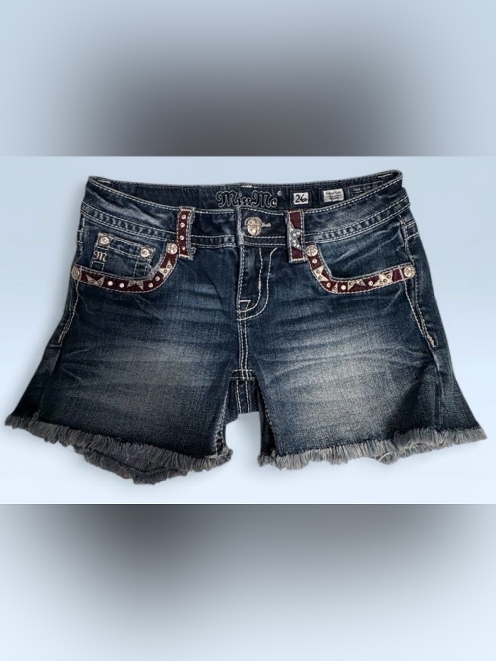 “MISS ME””Signature Dark Wash Denim Jean Shorts with Embellished Pockets - Blue